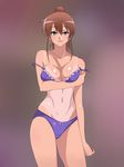  1girl bare_arms bare_legs bare_shoulders blue_eyes bra breast_hold breasts brown_hair cowboy_shot eyebrows eyebrows_visible_through_hair highres kagemusha large_breasts legs light_smile long_hair looking_at_viewer original panties ponytail purple_bra purple_panties simple_background smile solo standing tan tanline thighs underwear 