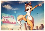  anthro avian barefoot bird breasts brown_eyes brown_hair canine city cityscape cute female fox fox-pop fur hair hologram looking_at_viewer mammal navel nipples nude orange_fur outside public smile solo text white_fur 