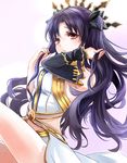  black_hair black_ribbon breasts fate/grand_order fate_(series) grey_background hair_ornament hair_ribbon hand_in_hair ishtar_(fate/grand_order) long_hair looking_at_viewer m-musume_(catbagel) medium_breasts red_eyes ribbon shiny shiny_skin sitting solo two_side_up very_long_hair 