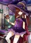  bangs blunt_bangs book bracelet brown_hair cape chalkboard dress globe hat hourglass jewelry long_hair original purple_eyes scroll shirako_miso solo thighhighs witch_hat zettai_ryouiki 