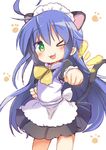  :3 ahoge animal_ears blue_hair cat_ears cat_tail clenched_hand commentary green_eyes izumi_konata long_hair lucky_star maid mole mole_under_eye one_eye_closed punching punching_at_viewer solo tail tatsunokosso white_background 