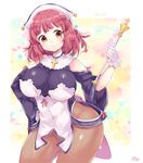  bare_hips bare_shoulders breasts covered_navel cross gloves hand_on_hip hat highres la_pucelle large_breasts miyano_ururu mole mole_under_eye nippon_ichi pantyhose prier red_eyes red_hair side_cutout thighs wand white_gloves 
