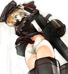  ass bad_gun_anatomy blonde_hair blue_eyes brown_hair dog_tail drum_magazine dual_drum_magazine erica_hartmann grin gun hat highres looking_at_viewer looking_back machine_gun mg42 military military_uniform nishiide_kengorou panties short_hair smile solo strike_witches striker_unit tail underwear uniform weapon white_panties world_witches_series 