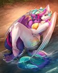  2017 anthro anthrofied bikini clothing cutie_mark duo equine feathered_wings feathers female female/female friendship_is_magic hair hi_res horn longinius lying mammal multicolored_hair my_little_pony one_eye_closed outside princess_celestia_(mlp) purple_feathers swimsuit twilight_sparkle_(mlp) vest_(artist) water wet white_feathers winged_unicorn wings 