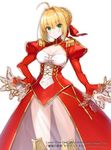  ahoge bangs blush braid breasts copyright_name corset dress epaulettes eyebrows_visible_through_hair fate/extra fate/grand_order fate_(series) french_braid hair_intakes hair_ribbon juliet_sleeves leotard light_smile long_sleeves looking_at_viewer medium_breasts nero_claudius_(fate) nero_claudius_(fate)_(all) puffy_sleeves red_dress red_ribbon ribbon see-through shirako_miso sidelocks simple_background solo standing thighs watermark white_background white_leotard 