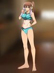  1girl bare_arms bare_legs bare_shoulders barefoot blue_eyes breasts brown_hair eyebrows eyebrows_visible_through_hair feet full_body hand_on_hip highres ice_cream kagemusha large_breasts legs long_hair looking_at_viewer mouth_hold navel original ponytail shiny shiny_clothes simple_background solo sports_bra standing sweat thighs toes towel 