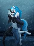  2016 anthro askbubblelee blue_hair blush bubble_lee_(character) cat-named-fish cetacean duo equine fan_character hair holding_character horn horse hybrid mammal marine my_little_pony orca pony raining romantic_couple story story_in_description unicorn water wet whale 