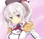  bangs beret blush closed_mouth commentary_request double-breasted epaulettes eyebrows_visible_through_hair hair_between_eyes hat kantai_collection kashima_(kantai_collection) long_sleeves looking_at_viewer purple_eyes shibamine_takashi sidelocks smile solo twintails wavy_hair white_hair 