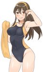  arm_up armpits blush breasts brown_eyes brown_hair collarbone competition_swimsuit covered_navel hairband haruna_(kantai_collection) impossible_clothes kantai_collection long_hair looking_at_viewer medium_breasts mo-fu one-piece_swimsuit smile solo swimsuit towel 