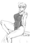  absurdres ahoge artoria_pendragon_(all) artoria_pendragon_(lancer) blush breasts covered_navel fate/grand_order fate_(series) gggg greyscale highres hood hooded_jacket huge_breasts jacket monochrome one-piece_swimsuit sitting sleeveless smile solo swimsuit 