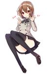  akechi_gorou black_legwear bow brown_hair genderswap genderswap_(mtf) loafers persona persona_5 red_eyes sakofu shoes short_hair skirt smile solo thighhighs v 