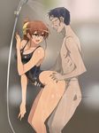  1girl ass ass_grab bare_arms bare_legs bare_shoulders blue_eyes blush breast_squeeze breasts brown_hair cleavage clothed_female_nude_male eyebrows eyebrows_visible_through_hair glasses happy happy_sex highres kagemusha large_breasts legs long_hair looking_back motion_lines open_mouth original ponytail sex shower simple_background smile standing swimsuit thighs vaginal water wet 