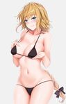  bangs bare_arms bare_shoulders bikini black_bikini black_bow blue_eyes blush bow braid breasts cleavage closed_mouth collarbone commentary_request cowboy_shot eyebrows_visible_through_hair fate/apocrypha fate_(series) grey_background groin hair_bow hanada_yanochi jeanne_d'arc_(fate) jeanne_d'arc_(fate)_(all) large_breasts long_hair looking_at_viewer lowleg lowleg_bikini navel shiny shiny_skin simple_background single_braid smile solo standing stomach string_bikini swimsuit thighs very_long_hair 