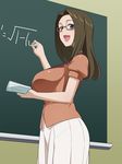  :d black_eyes black_hair blush book breasts chalk chalkboard glasses highres honda_miwako large_breasts long_hair looking_at_viewer open_book open_mouth puffy_short_sleeves puffy_sleeves semi-rimless_eyewear short_sleeves skirt smile solo teacher tomica_hyper_rescue_drive_head:_kidou_kyuukyuu_keisatsu under-rim_eyewear wanao white_skirt 