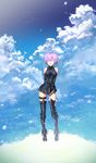  ;d armor armored_boots arms_behind_back bare_shoulders black_footwear black_leotard boots closed_eyes cloud cloudy_sky contrapposto day detached_sleeves fate/grand_order fate_(series) full_body groin hair_over_one_eye highres kawasemi_(pocorit) leotard mash_kyrielight one_eye_closed open_mouth outdoors purple_hair short_hair sky smile solo standing thigh_strap 