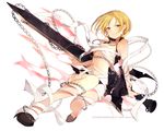  :d black_panties blonde_hair breasts chain cleavage collarbone full_body holding holding_sword holding_weapon huge_weapon kai-ri-sei_million_arthur looking_at_viewer lpip medium_breasts million_arthur_(series) one_eye_closed open_mouth panties red_eyes sarashi short_hair simple_background smile solo sword underwear weapon white_background 
