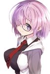  black-framed_eyewear breasts closed_mouth fate/grand_order fate_(series) from_side glasses hood hoodie large_breasts looking_at_viewer mash_kyrielight necktie open_clothes open_hoodie purple_eyes purple_hair red_neckwear shibamine_takashi short_hair simple_background smile solo upper_body white_background 
