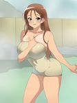  1girl blue_eyes blush breasts brown_hair cleavage collarbone eyebrows eyebrows_visible_through_hair highres kagemusha large_breasts legs long_hair looking_at_viewer onsen original outdoors parted_lips shiny shiny_skin sky smile solo standing steam tan tanline thighs towel water wet 