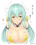 bangs bare_shoulders bikini blush breasts cleavage dated detached_sleeves fate/grand_order fate_(series) green_hair hair_ribbon heart heart-shaped_pupils horns kiyohime_(fate/grand_order) kiyohime_(swimsuit_lancer)_(fate) kuavera large_breasts light_smile long_hair looking_at_viewer ribbon sidelocks signature simple_background solo swimsuit symbol-shaped_pupils translated white_background yellow_bikini yellow_eyes yellow_ribbon 