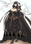  absurdly_long_hair bird black_dress black_hair blush breasts cleavage dress fate/apocrypha fate_(series) feathers full_body hand_on_own_chest high_heels highres huge_breasts long_hair one_eye_closed pointy_ears semiramis_(fate) shoes solo spiked_shoes spikes standing takara_joney very_long_hair wince yellow_eyes 
