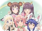  animal_ears blue_hair blush bunny_pajamas commentary_request fake_animal_ears graphite_(medium) hagino_chiaki hair_ornament hairclip hiiragi_mayuki hinako_note itochan long_hair looking_at_viewer mechanical_pencil multiple_girls nakajima_yua natsukawa_kuina open_mouth pencil sakuragi_hinako smile traditional_media yellow_eyes 