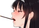  absurdres black_hair check_commentary commentary commentary_request food from_side hairband half-closed_eyes highres kasumigaoka_utaha lips long_hair open_mouth pocky portrait red_eyes saenai_heroine_no_sodatekata simple_background solo white_background yomu_(sgt_epper) 