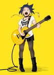 3584mha black_shorts blue_hair boku_no_hero_academia boots casual choker ear_piercing earplugs electric_guitar full_body guitar highres instrument jirou_kyouka les_paul looking_at_viewer open_mouth pantyhose piercing shirt short_sleeves shorts simple_background solo sweat t-shirt teeth twitter_username wire yellow_background 