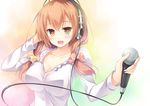  bangs blush breasts brown_eyes brown_hair cleavage commentary_request eyebrows_visible_through_hair hair_between_eyes hand_on_headphones headphones holding holding_microphone large_breasts long_hair looking_at_viewer massan microphone open_mouth original smile solo upper_body 