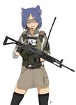  :d absurdres animal_ears armor assault_rifle bangs belt black_legwear blue_hair blush closed_eyes commentary contrapposto cowboy_shot dog_ears erika_kurosaka facing_viewer fang fangs galil_ar_(upotte!!) gloves gun highres holding holding_gun holding_weapon imi_galil open_mouth plate_carrier radio rifle shooting_glasses short_hair signature simple_background skirt smile solo standing tactical_clothes thighhighs trigger_discipline upotte!! weapon white_background 