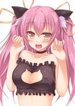  :d animal_ears arms_at_sides bangs breasts cat_cutout cat_ears cat_lingerie cleavage collarbone commentary_request eyebrows_visible_through_hair fang hair_between_eyes hair_ribbon hands_up large_breasts long_hair looking_at_viewer massan meme_attire open_mouth original paw_pose purple_hair ribbon sidelocks simple_background smile solo twintails upper_body white_background yellow_eyes yellow_ribbon 