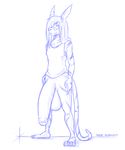  anthro balls big_balls blue_theme bottomless clothed clothing flaccid hair hidden_(artist) huge_balls humanoid_penis hyper hyper_penis long_hair male penis scalie sketch smile solo standing uncut 