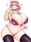  ass ass_visible_through_thighs blush bob_cut bow bra breasts bukatsu_(clubactivity) green_eyes hair_bow haruka_(senran_kagura) highres huge_breasts lingerie looking_at_viewer panties panty_pull pantyshot purple_bra senran_kagura senran_kagura_shoujo-tachi_no_shin'ei shirt_lift side-tie_panties skindentation solo thighhighs underwear 