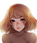  :&gt; artist_name blush brown_eyes brown_hair brown_shirt commentary_request eyelashes lips looking_at_viewer nose_blush original red_lips shari_cote shirt short_hair solo turtleneck 
