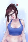  artist_name belly black-framed_eyewear blue_background blue_panties blush breasts brown_hair cleavage commentary crop_top glasses gradient gradient_background hair_ornament hair_stick head_tilt highres large_breasts lips long_hair mei_(overwatch) navel no_pupils nose overwatch panties pink_lips shari_cote short_hair stomach tank_top thick_eyebrows underwear white_background 