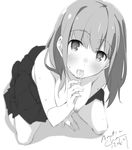  arm_support artist_name bangs blurry blush breasts commentary dated depth_of_field eyebrows_visible_through_hair fellatio_gesture full_body greyscale long_hair looking_at_viewer medium_breasts monochrome nipples open_mouth oral_invitation original pleated_skirt shadow sitting skirt solo sweat tabata_hisayuki tongue tongue_out topless 