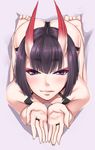  :q ass bangs barefoot blunt_bangs blush closed_mouth collarbone cupping_hands eyebrows_visible_through_hair eyeshadow fate/grand_order fate_(series) fingernails from_above full_body half-closed_eyes horns jewelry kneeling leaning_forward licking_lips lips long_fingernails looking_at_viewer looking_up makeup oni oni_horns palms purple_eyes purple_hair ring short_hair shuten_douji_(fate/grand_order) shuugetsu_karasu solo thick_eyebrows tongue tongue_out tsurime 