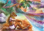  anthro beach canine evening fuzzymaro hair mammal sea seaside sitting sunset traditional_media_(artwork) water watercolor_(artwork) wolf 