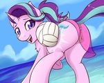  2017 anus butt clitoris clothing cutie_mark edit equine fearingfun female feral friendship_is_magic fur hair horn looking_at_viewer mammal multicolored_hair my_little_pony open_mouth outside pink_fur purple_eyes pussy smile solo sport starlight_glimmer_(mlp) translucent transparent_clothing two_tone_hair unicorn volleyball water 