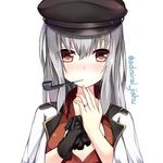  black_gloves blush breasts gangut_(kantai_collection) gloves grey_hair hat jewelry kantai_collection long_hair long_sleeves looking_at_viewer lowres military military_hat military_jacket military_uniform pipe pipe_in_mouth red_eyes red_skirt remodel_(kantai_collection) ring skirt solo uniform wedding_ring 