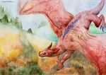  ambiguous_gender dragon feral field flying forest fuzzymaro horn outside red_scales scales traditional_media_(artwork) tree watercolor_(artwork) wings 