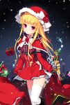  bangs black_gloves blonde_hair blush capelet cinia_pacifica eyebrows_visible_through_hair gift gloves hat holding long_hair looking_at_viewer mechuragi parted_lips purple_eyes red_capelet ringlets sack santa_costume santa_hat solo standing sword_girls thighhighs thighs white_legwear 