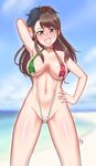  absurdres amaretto_(girls_und_panzer) beach blush breasts brown_eyes brown_hair character_request day extra girls_und_panzer groin hat highres kaiduka_akuta large_breasts looking_at_viewer navel ocean open_mouth smile solo sweat sweatdrop swimsuit swimwear 