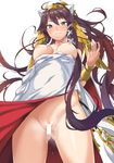  ass_visible_through_thighs bar_censor bracelet censored covered_navel covered_nipples doushimasho egyptian_clothes from_below isis_(p&amp;d) jewelry key long_hair looking_at_viewer no_bra no_panties purple_hair pussy_juice puzzle_&amp;_dragons robe smirk solo standing 