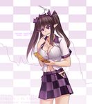  aerial black_bra black_panties bra breasts brown_hair cellphone checkered checkered_background checkered_skirt cleavage earbuds earphones earrings english hair_ribbon hat hater_(hatater) highres himekaidou_hatate hip_vent jewelry large_breasts long_hair miniskirt navel panties phone pointy_ears purple_eyes purple_ribbon ribbon side-tie_panties skirt solo tokin_hat touhou twintails underwear 