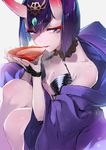  alcohol bare_shoulders blush breasts cup fang fate/grand_order fate_(series) horns japanese_clothes jewelry kimono looking_at_viewer oni oni_horns open_mouth purple_eyes purple_hair ryokucha_(i_cobalt) sakazuki sake shiny shiny_skin shuten_douji_(fate/grand_order) small_breasts solo wet 