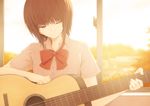  bad_id bad_pixiv_id bow brown_eyes brown_hair eyelashes guitar indoors instrument one_eye_closed original red_bow ryuga_(balius) school_uniform short_hair solo window 