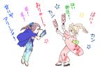  2girls alisha_diphda brown_hair chibi flower green_eyes hair_over_one_eye japanese_clothes kimono maltran multiple_girls pink_eyes ponytail purple_hair sandals side_ponytail tales_of_(series) tales_of_zestiria 