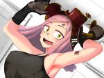  :d armpits bare_shoulders blush boku_no_hero_academia breasts dirty dirty_face gloves goggles goggles_on_head hatsume_mei indoors large_breasts looking_back medium_hair open_mouth pink_hair smile solo sweat tamezou tank_top upper_body yellow_eyes 