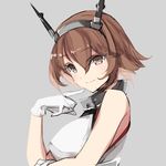  absurdres alternate_eye_color bad_id bad_pixiv_id bare_arms bare_shoulders breasts brown_eyes brown_hair gloves grey_background hair_between_eyes headgear highres kantai_collection large_breasts misteor mutsu_(kantai_collection) short_hair simple_background smile solo white_gloves 