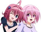  :d ahoge bad_anatomy blue_eyes blush braid breasts character_request choker hair_ornament kurosaki_mea looking_at_viewer multiple_girls open_mouth pink_hair purple_hair red_hair shimashun short_sleeves smile to_love-ru to_love-ru_darkness upper_body 